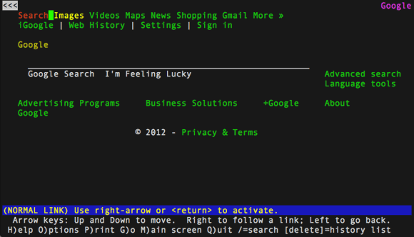 Screenshot of Google being viewed on Lynx