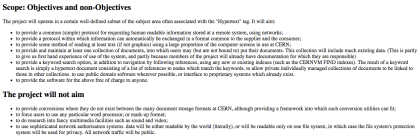 List of Objectives and non-Objectives from Tim Berners-Lee's proposal for the WorldWideWeb