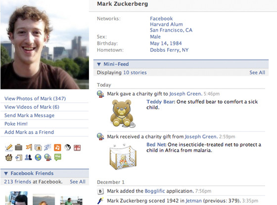 Mark Zuckerberg's Facebook profile 2008