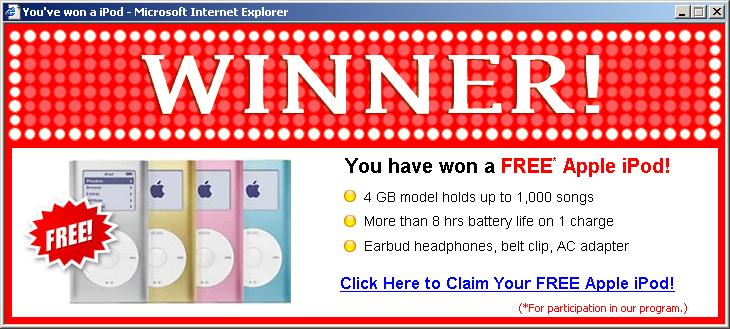You have won an iPod pop up ad
